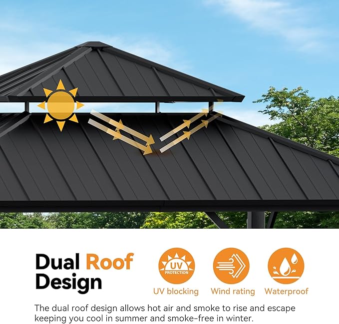 Modern Shade The Horizon Hardtop Gazebo 12' x 12' with 4 LED Lights, Permanent Outdoor Gazebo with Galvanized Steel Double Roof, Grill Pavilion with Decor Hooks, Mosquito Nettings, Black