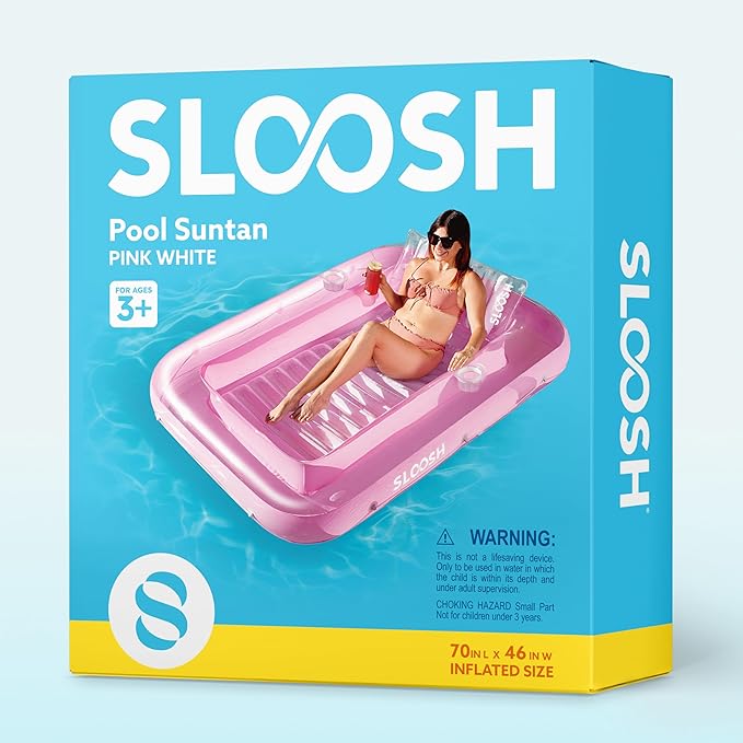 SLOOSH Inflatable Tanning Pool Lounger Float, 70" x 46" Pool Floats Adult with Pillow, 4 in 1 Suntan Tub Raft Floatie,Sunbathing Bed Lounge for Water Blow Up Kids Ball Pit Party Gifts, L-Pink White