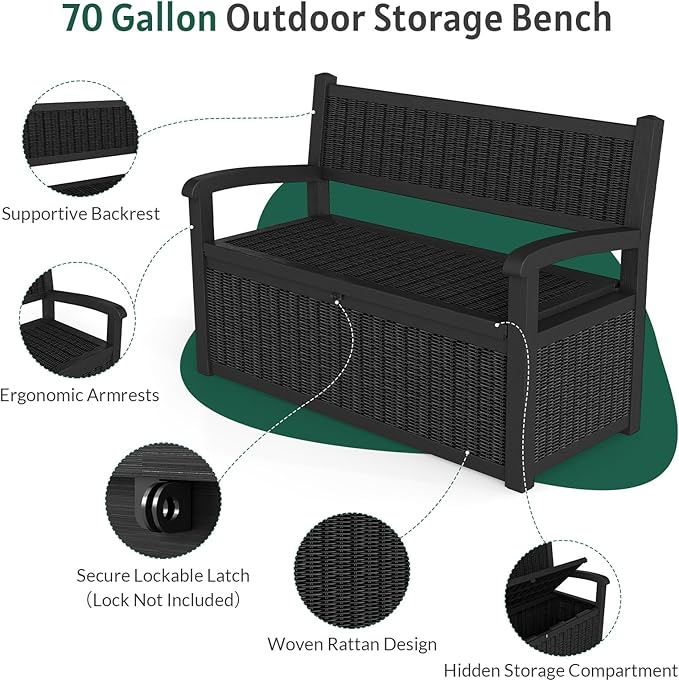 70 Gallon Outdoor Storage Bench, Deck Box Bench with Armrest, Lockable Outside Benches with Storage, Deck Boxes Waterproof for Pool Patio Garden (Black)