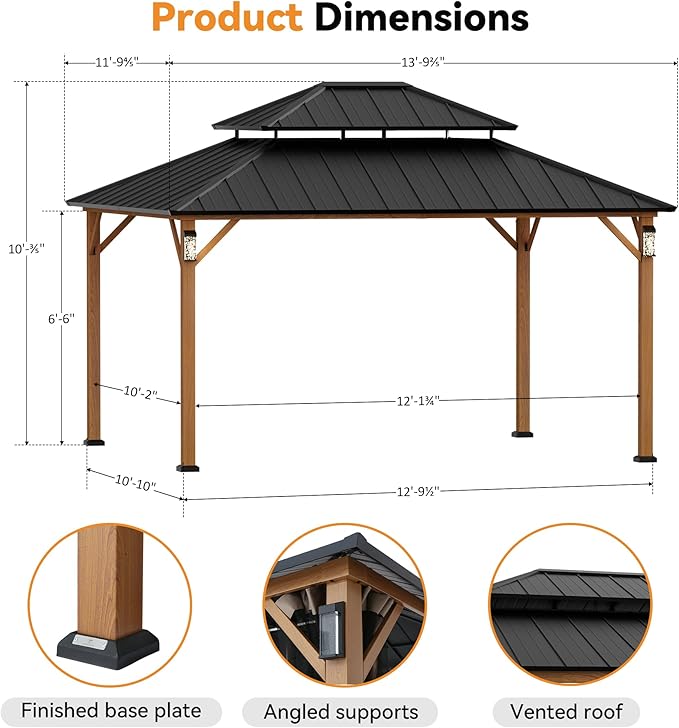 Modern Shade The Horizon Hardtop Gazebo 12' x 14' with 4 LED Lights, Permanent Outdoor Gazebo with Galvanized Steel Double Roof, Grill Pavilion with Decor Hooks, Mosquito Nettings, Wood-Looking