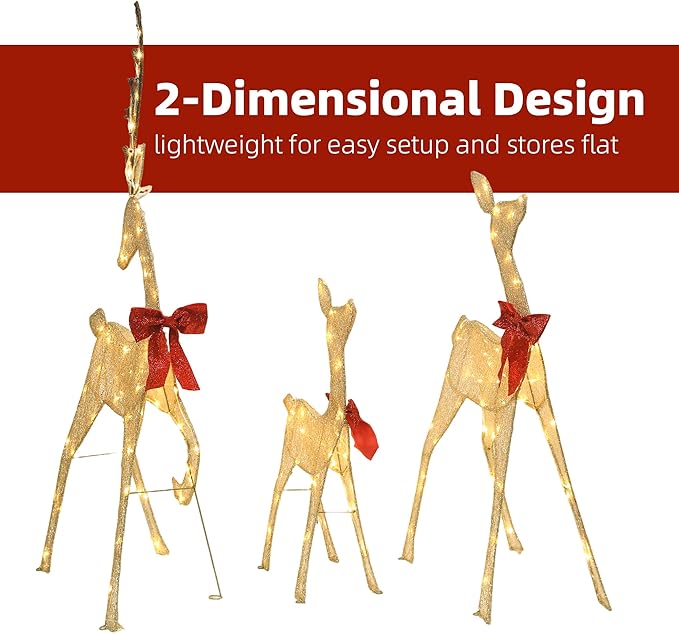 4.5Ft Lighted Reindeer Outdoor Christmas 2D Deer Family Sets Outdoor Reindeer Christmas Yard Decoration with LEDs/Stakes/Zip Ties for Holiday Patio Lawn Garden