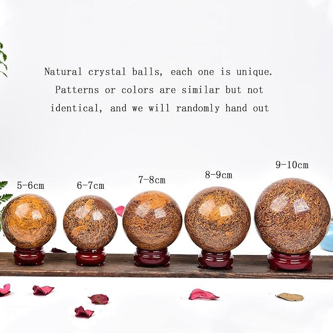 JIC Gem Reiki Healing Crystals Sphere Ball Natural Golden Silk Jade Gemstone with Decorative Stand Home Decoration (50-60mm)