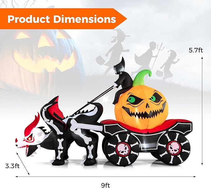 Goplus 9 FT Halloween Inflatable Outdoor Decoration, Blow up Grim Reaper Driving Pumpkin Carriage with Skeleton Dragon & Skull Wheels, Built-in LED Lights, Holiday Decorations for Garden, Yard & Lawn