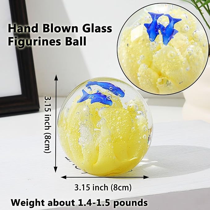 Decorative Crystal Ball Figurines Coral Fish Paperweight Blown Glass Decor Sea Art Ocean Lovers Gift Yellow 3.15"