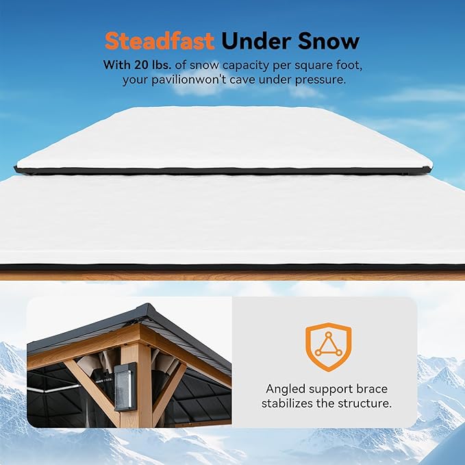 Modern Shade The Horizon Hardtop Gazebo 12' x 16' with 4 LED Lights, Permanent Outdoor Gazebo with Galvanized Steel Double Roof, Grill Pavilion with Decor Hooks, Mosquito Nettings, Wood-Looking