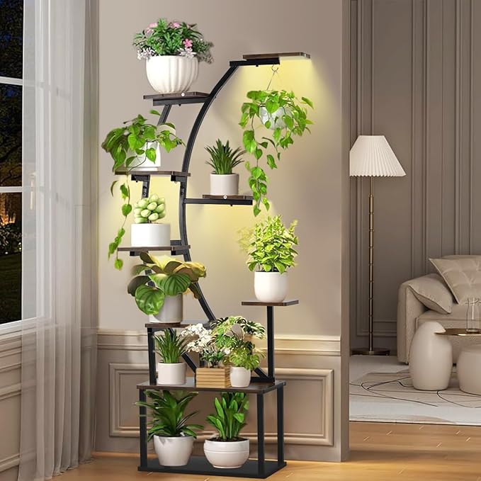 VINCIGANT Black Metal Plant Stand with Grow Light, 9 Tiered Shelf, 60" Corner Plant Holder for Living Room, Home, Patio, Balcony