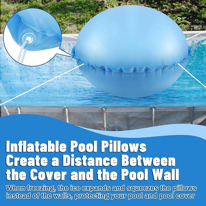 Pool Pillows for Closing Winter, 5 Feet Thick PVC Inflatable Round Air Pillow for Above Ground Pool, Ultra Cold Resistant Swimming Pool Cover Pillow Kit with Ropes, Light Blue