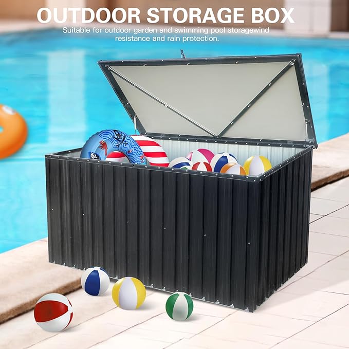 215-Gallon Outdoor Metal Storage Box, Weatherproof Deck Box with Wooden Texture, Multi-Purpose Garden Storage for Tools, Pool Accessories & Sports Gear, Patio Organizer with Tabletop Function