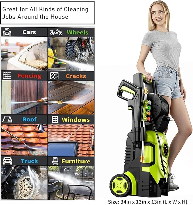 2025Upgraded Pressure Washer 5000PSI with Adjustable Touch Screen 8 Level, 34" Tall, 4 Quick Connect Nozzles,Inlet Hose&Filter&500mlFoam Cannon for Cars/Fences/Driveways/Home Cleaning,Yellow