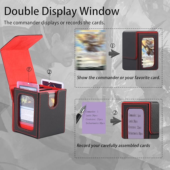 MTG Deck Box, Double Display Window MTG, Commander Deck Box Fits 120+ Single Sleeved Cards, PU Leather Magnetic Closure Card Box with 2 Dividers&2 Toploaders for TCG, CCG, Black/Grey