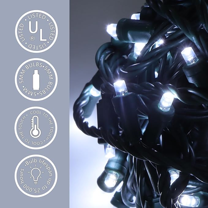 50 LED 5MM Cool White Christmas Lights, 17FT Indoor/Outdoor String Light, Mini Lights for Garden, Patio, Christmas Trees - Green Wire, Commercial Grade, UL Listed