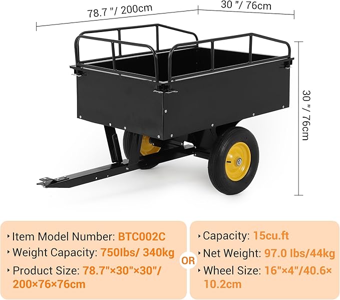 Heavy Duty ATV Dump Cart - Steel Tow Behind Trailer, 750 lbs, 15 Cubic Feet Garden Utility with Removable Sides