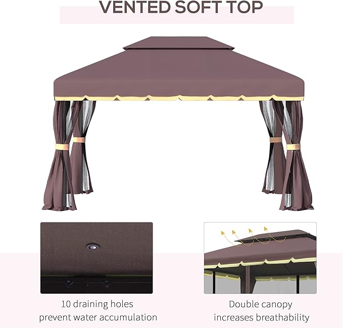 Outsunny 10' x 13' Patio Gazebo, Outdoor Gazebo Canopy Shelter with Netting and Curtains, Aluminum Frame for Garden, Lawn, Backyard and Deck, Coffee