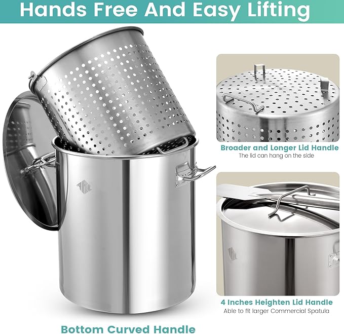 ARC 84QT Stainless Steel Pot with 200,000 BTU Propane Burner - Seafood Boil Pot, Crab Boil Pot, Lobster Pot, Shrimp Boil Pot, Tamale Steamer Pot with Basket and Turkey Fryer Burner