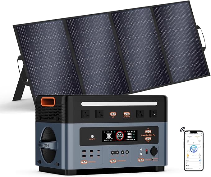 OSCAL Powermax 2400 Solar Generator with 400W Panels, 1872Wh Solar power station with 2400W AC Outlets (4800W Peak), 1400W Fast Charging, Emergency Power Station for Home, Camping & RVs