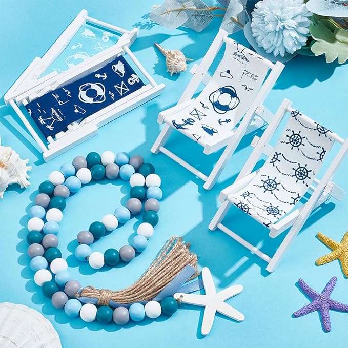 4Pcs 4 Styles Beach Chair Decor Dollhouse Miniature Furniture Accessories Foldable Wooden Beach Chair with 1Pcs Beads Pendant Mini Longue Deck Chairs Doll House Ornament Ocean Theme Decor