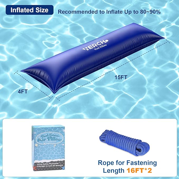 4 x 15 FT Pool Pillow for Above Ground Pool, 0.5mm Ultra Thick PVC Cold-Resistant Large Pool Cover Air Pillow with 32 Ft Rope Pool Pillow for Winterizing & Above Ground Pools