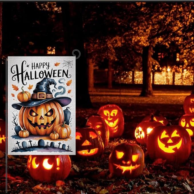 HTBIG Halloween Pumpkin Garden Flags, Happy Halloween Party House Garden Flag Decor, Yard Flags for Outside 12x18 inch, Outside Yard for Home Decorations