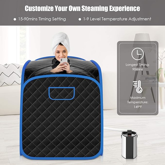 COSTWAY Portable Steam Sauna, 3L Foldable Sauna Spa with Remote Control, 9-Gear Temperature and Timer, Atomization Function, Personal Sauna Tent for Relaxation at Home (Black)