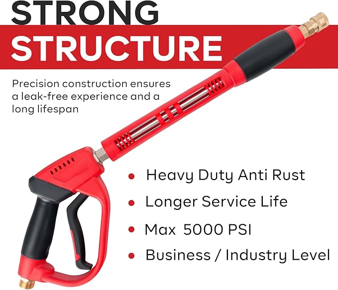 High Pressure Washer Gun 5000 PSI, Power Washer Gun with Replacement Wand Extension, 5 Nozzle Tips, 1/4''Quick Connect Plug and M22-14mm & M22-15mm Fitting, 40 Inch