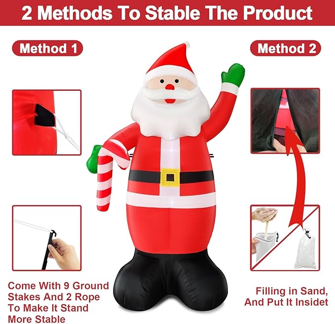 TURNMEON 12 Foot Super Giant Christmas Inflatable Santa Claus Christmas Decorations Outdoor, Blow Up Santa Holds Candy Cane with Built-in LED Lights Tethers Stakes for Yard Lawn Garden Xmas Decor Home