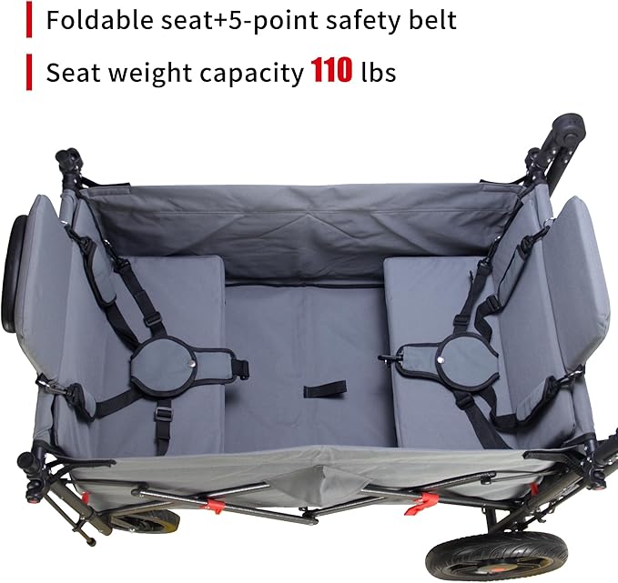 Collapsible Foldable Wagon Cart with All Terrain Wheels &Canopy& 2 Seats- Heavy Duty Utility Wagon 265 lbs Capacity for Camping, Garden, Shopping (Grey)