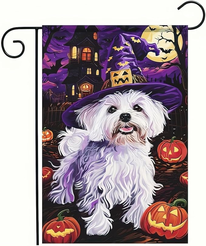Halloween Decorations Outdoor Garden Flag 12x18 Inch Double Sided Maltese Dog Witch Hat Pumpkin Fall Decor Yard Lawn Porch Patio Halloween Garden Flags