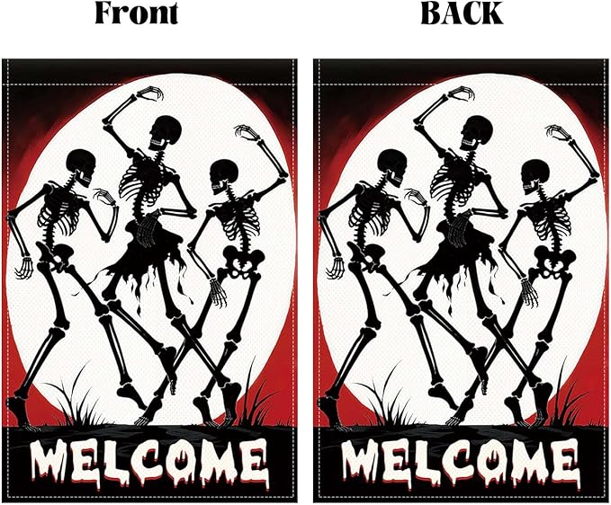 Halloween Skull Welcome Garden Flags 12 x 18 Inch Dancing Skeleton Flag Double Sided Gothic Outdoor House Yard Banner Farmhouse Holiday Outside Decoration Yard Flag