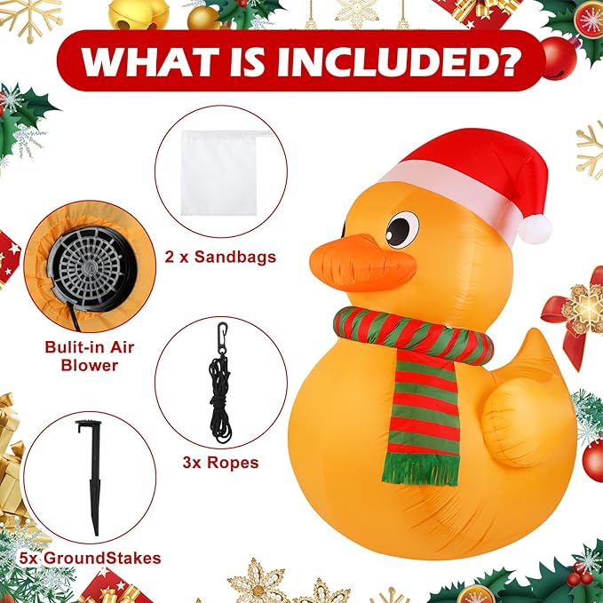 6Ft Christmas Duck Inflatable with Built in LED Lights Xmas Blow-Up Lawn Decoration for Winter Home Garden Yard Holiday Party Indoor Outdoor Decor