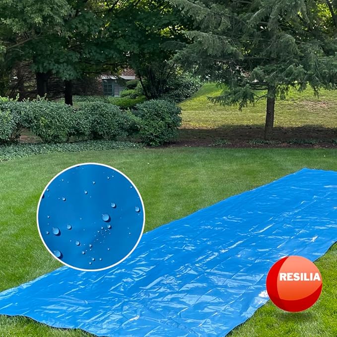 RESILIA - Super Slip Lawn Water Slide Extreme, 150 Feet Long x 12 Feet Wide, for Adults and Teens, Powder Blue with Hold Steady Stakes, Made in The USA