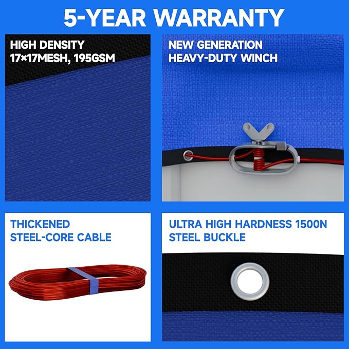 [Upgrade] 18ft/21ft/24ft Pool Cover for Above Ground Pools, 24 Feet Winter Round Swimming Pool Cover with 4 Foot Overlap Extra Thick 500D Cable & Heavy-Duty Winch 24 Foot Round Pool Covers