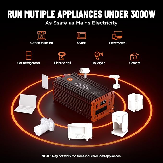 3000 Watt Power Inverter 12V DC to 110V/120V AC Converter Peak Power 6000W Car Inverter with LCD Display 2 AC Outlets USB Port Cables Included for RV,Truck,Off-Grid Solar System Remote Controller