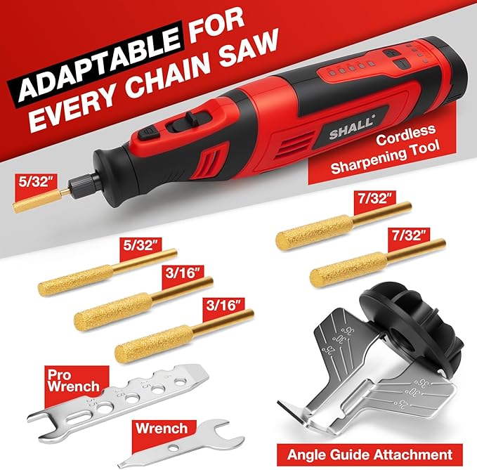 SHALL Electric Cordless Chainsaw Sharpener Kit, with 6 Titanium-Coated Diamond Drill Bits and Angle Guide, for All Chainsaws Chains