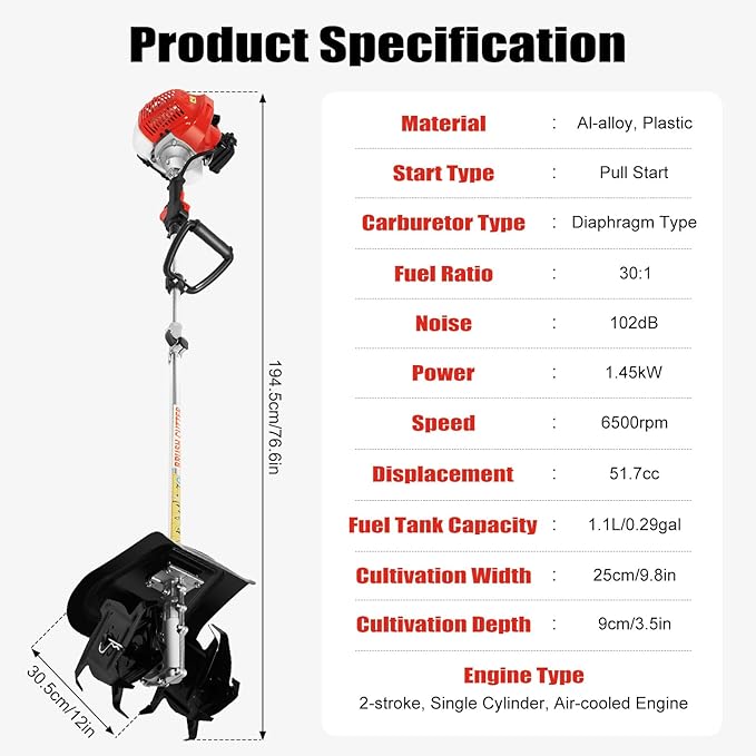 2-Stroke 42.7cc Gas Powered Trimmer, Grass Pruner Rototiller, Gasoline Engine Trimmer Machine Handheld Efficient Trimming Tools