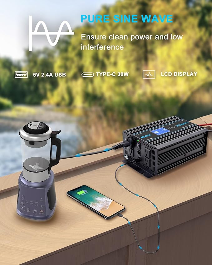 1000W Pure Sine Wave Inverter DC 12V AC 120V Double LCD Screen Remote Control Power Inverter 30W USB-C 4AC Outlets for RV, Home, Solar System CAPTOK