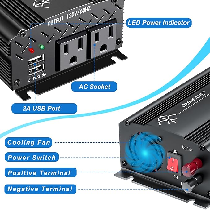 750W Modified Sine Wave Power Inverter DC 12V to AC 110V, Peak 1500 Watt, Car Plug Inverter Adapter Power Converter with 4.2A Dual USB Charging Ports and 2 AC Outlets Car Charger Black