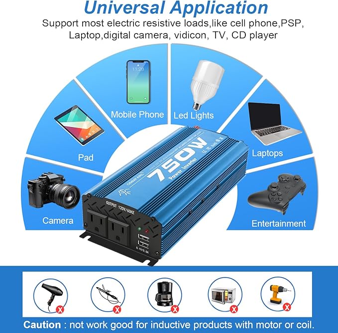 750W Modified Sine Wave Power Inverter DC 12V to AC 110V, Peak 1500 Watt, Car Plug Inverter Adapter Power Converter with 4.2A Dual USB Charging Ports and 2 AC Outlets Car Charger Blue