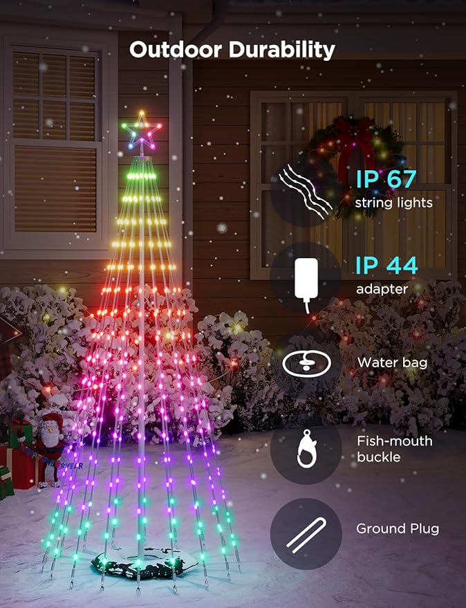 Govee Christmas Cone Tree Lights, 6ft 316 LEDs RGBIC Christmas Tree Lights with Smart App Control, IP67 Waterproof Outdoor String Lights for Xmas Decorations, 82+ Scene Modes, Music Sync, White Stand