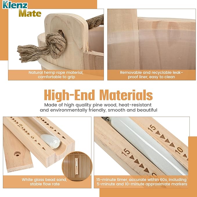 6 Pcs Sauna Accessories Kit, Bucket and Ladle Set, Thermo-Hygrometer, Sauna Hourglass, Brush, Exfoliating Volcanic Rocks, Sauna Set, Wooden Sauna Bucket, 1 Gallon (4 L) Water Capacity, Handmade