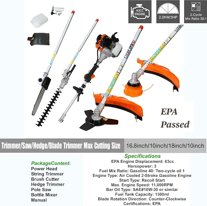 63cc 2-Cycle Gas Multi-Trimmer | 4-in-1 String Trimmer w/Rotatable Pole Saw, Weed Eater Weed Wacker, Brush Cutter & Hedge Trimmer Gas for Lawn, Yard, Garden Care, All-in-one Garden Tool