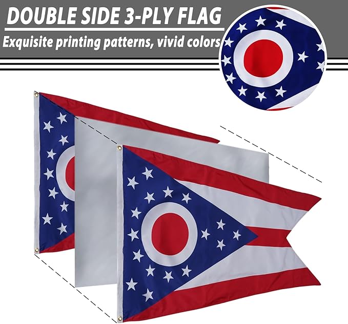 FLAGWIN Ohio Flag 3x5 FT - 3 Ply Double Sided Polyester Ohio State Flag with Brass Grommets - Vivid Color and Fade Proof State of Ohio Flags 3x5 Outdoor