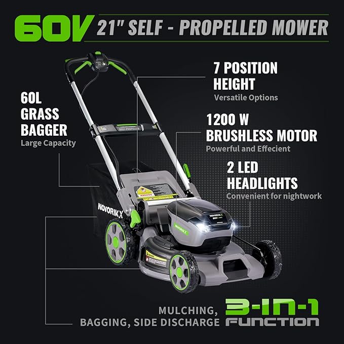 60V Self-Propelled Lawn Mower 21-Inch, Brushless Cordless Mower for Large Yards, Electric with LED Headlight, 2X5.0Ah Batteries & Rapid Charger