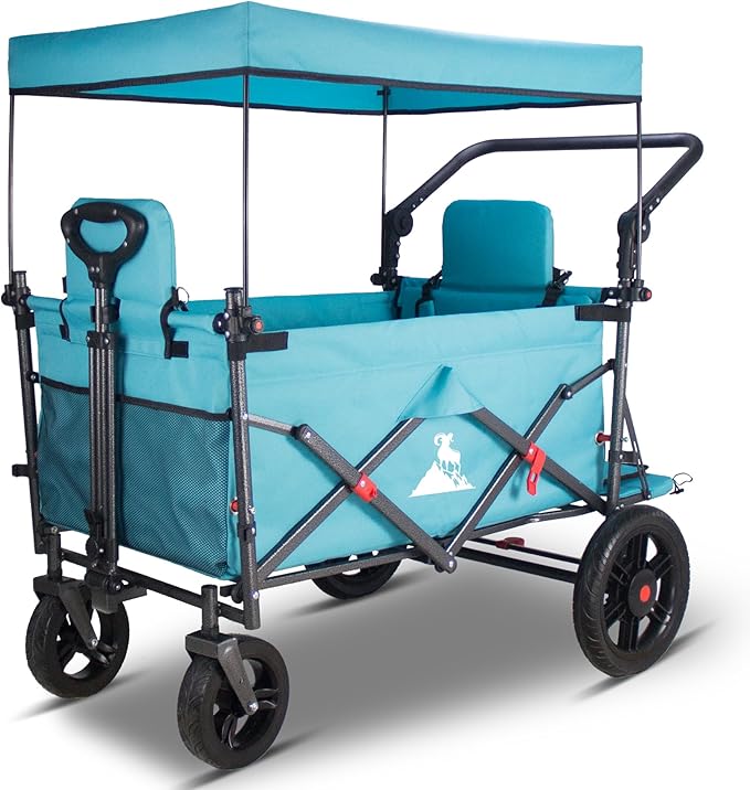 Collapsible Wagon Cart with Quick-Release Wheels & 2 Seats - Heavy-Duty Utility Wagon 265LBS Capacity for Camping, Garden, Shopping Folding Wagon (Turquoise)