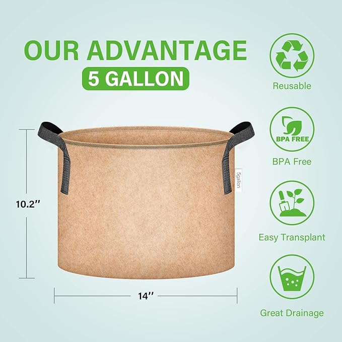 iPower 5-Pack 5 Gallon Plant Grow Bags Thickened Nonwoven Aeration Fabric Pots Heavy Duty Durable Container, Strap Handles for Garden, Tan