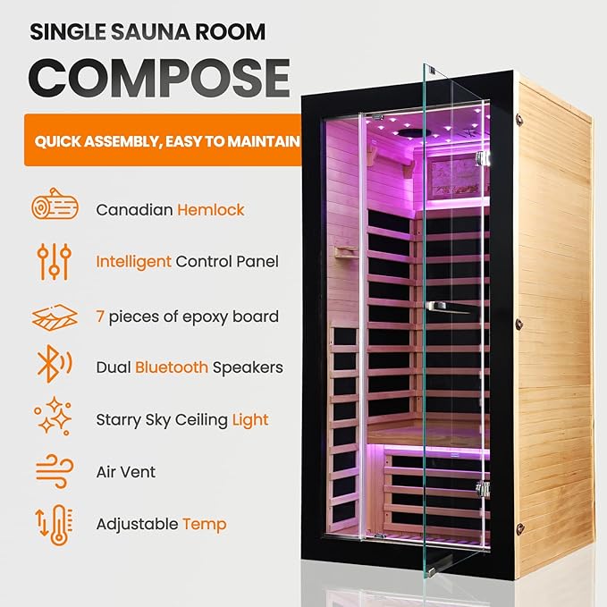 Sauna Indoor Far Infrared Saunas Home 1 Person Canadian Hemlock 1450W Low-EMF Dry Spa Sauna with Oxygen Bar, 7 Color Therapy, 7 Heating Plates, Intelligent Control Panel, Speakers (33.5*33.5*69 IN)