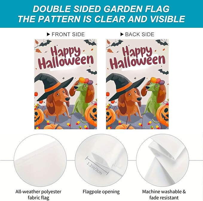Halloween Dachshund Dog Garden Flag 12x18 Inch Funny Witch Hat Pumpkin Candy Outdoor Yard Banner Fall Porch Decoration for Spooky Holiday Season