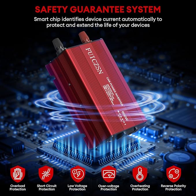 600W Car Power Inverter 12V DC to 110V AC Car Plug Adapter Outlet Converter with 2 AC Outlets and 65W PD USB-C & 18W QC USB-A Fast Charging Ports Power Inverters for Vehicles(Red)