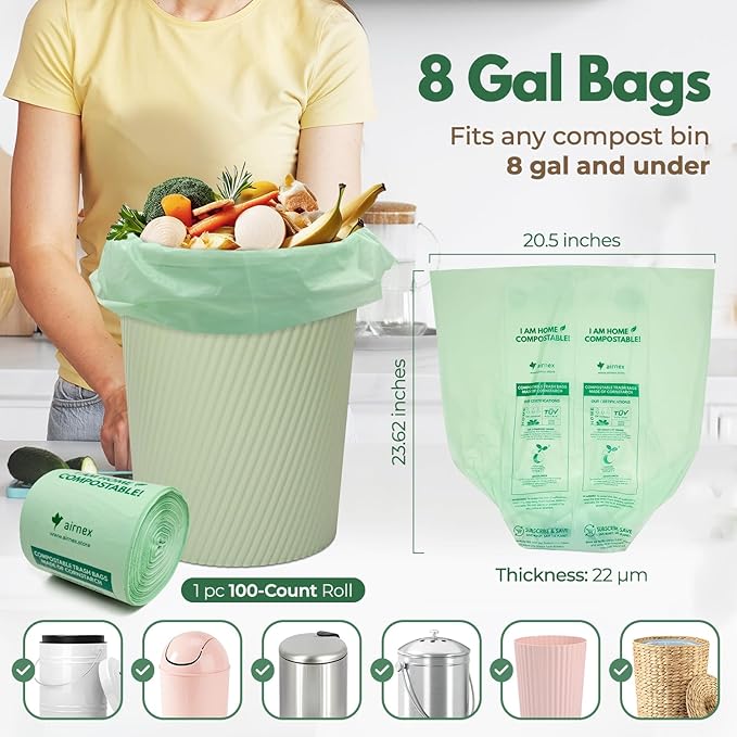 Compost Bags for Countertop Bin -Compostable Trash Bags made of Cornstarch - Leakproof & Tear Resistant Biodegradable Trash Bags - OK Compost Home & Seedlings Certified