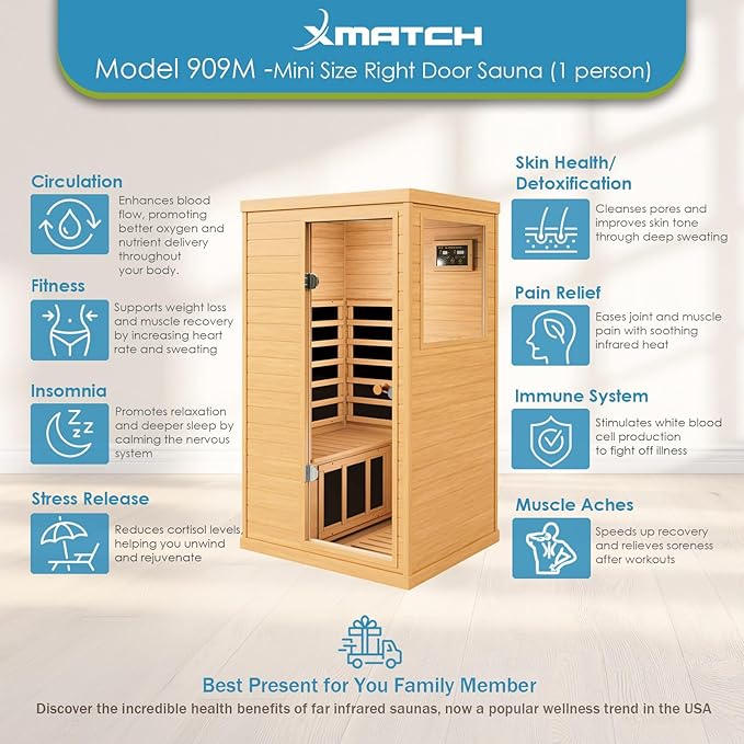Saunas 909Mini Far Infrared Sauna, Indoor Dry Sauna (Hemlock Wood, 1 Person Mini Size Right Door)