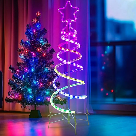 Double Spiral Christmas Tree Light Outdoor, Color Changing Remote Control Outdoor Light Up Christmas Tree with 8 Modes, 24V Plug&Play ETL Waterproof for Xmas Yard, RGB+IC, 3FT